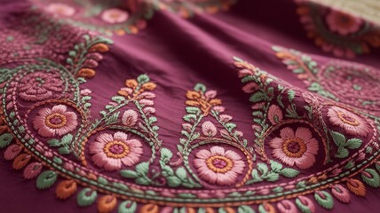Detailed View of Plum Silk Fabric Featuring Ornate Floral Embroidery and Scalloped Paisley Border in Pink and Green
