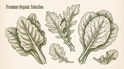 Engraved artwork showcasing a collection of premium organic leafy greens for a unique culinary presentation