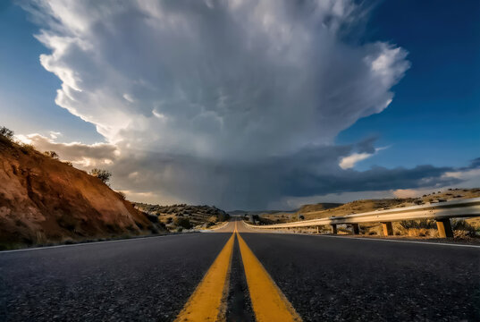 A dramatic wide-angle shot of a powerful storm cloud formation looming over an empty asphalt road in a hilly landscape.
