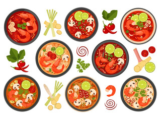 Assortment of Spicy Thai Shrimp Soup Bowls and Ingredients