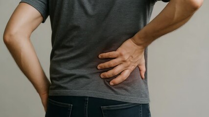Man experiences discomfort, holding his lower back in pain. Red highlight indicates the area of his acute backache.