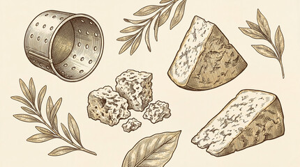 Engraved collection showcasing premium cheese and tools, celebrating traditional craft and rich flavors