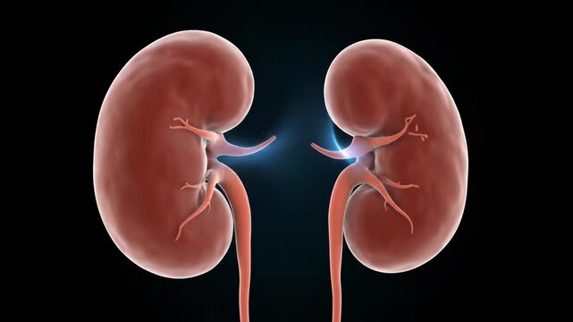 Two human kidneys are depicted with a glowing connection. This medical illustration highlights their vital biological function.