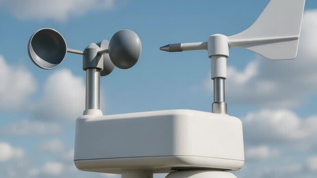 A modern weather station measures wind speed and direction. It stands against a clear blue sky with fluffy clouds.