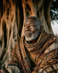 African elder in traditional dress seated outdoors for Black History Month