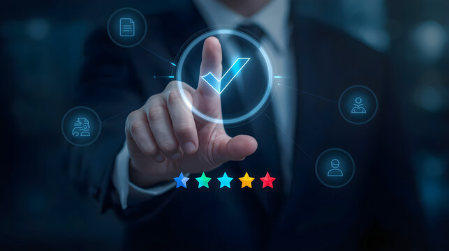 Digital approval and customer rating concept with holographic checkmark and stars