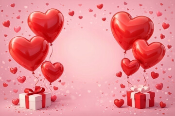 Valentine's day background with red heart-shaped balloons and gifts on a pink background. 3d rendering. Valentine's day banner template design.