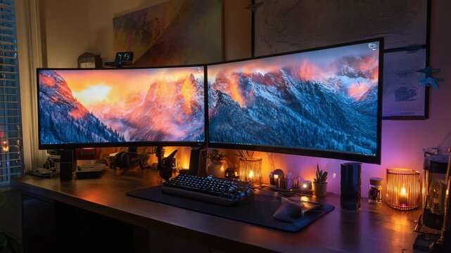 Dual monitor workstation with cozy ambient lighting and modern home office setup
