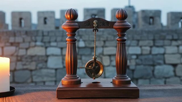 Traditional Chinese timekeeping instrument and burning candle on a dark wooden table against an ancient fortress wall for history concept and timeless wisdom