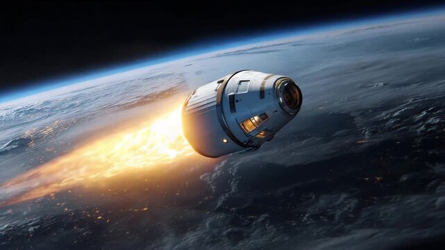 Space capsule reentering Earth atmosphere with fiery trail above planet