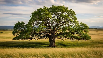 Majestic Oak Tree Standing Alone in a Golden Field