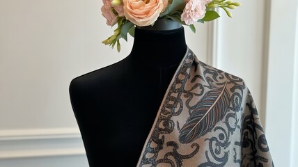 Detailed View of Grey Silk Scarf with Ornate Swirl Patterns and Feather Motif Displayed on Mannequin with Rose Headpiece