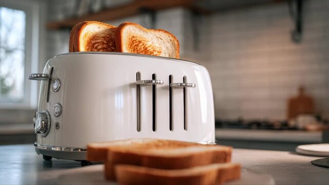 Modern kitchen scene featuring a stylish white toaster with golden-brown toast, showcasing the toasting process, camera gradually zooms in for detailed view