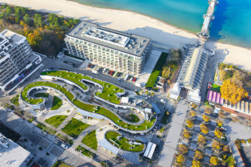 A sunny landscape overlooking the central district of the resort town of Miedzyzdroje, historically known as Misdroy in English. Poland