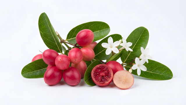 Fresh carissa carandas (karonda) fruits with green leaves and delicate white flowers