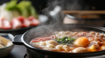 A steaming pot of hot pot, filled with a variety of ingredients, invites a cozy dining experience. The flavorful broth bubbles gently, promising a delicious and comforting meal.