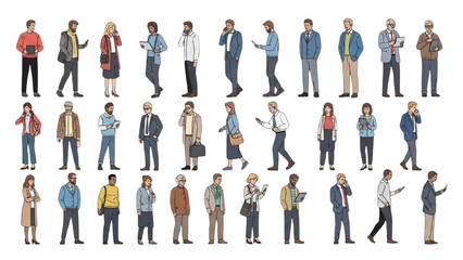 Diverse group of people walking in various directions on a plain white background