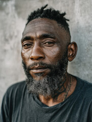 African American man with honest expression against concrete wall for Black History Month
