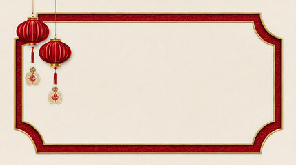 Luxury chinese background with red lantern frame border and festive oriental background design for new year greeting card or invitation template copy space elegant minimal style cream wall