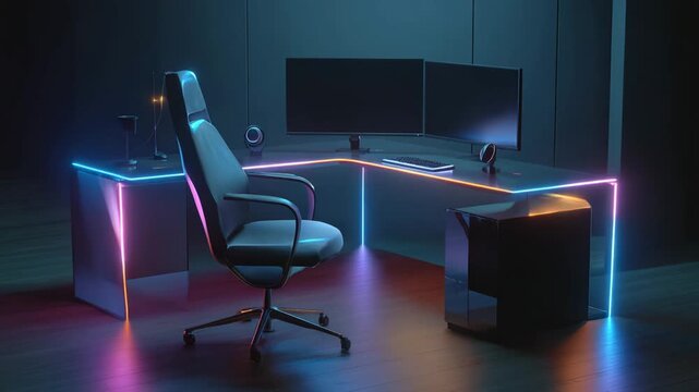 Minimalist futuristic office desk setup with dual monitors and neon lighting
