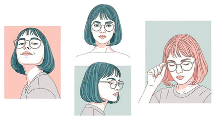 Obraz premium A collection of illustrated portraits showcasing various hairstyles and facial expressions of women from different viewpoints