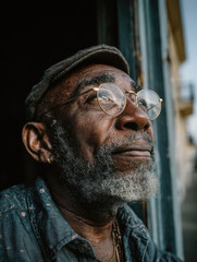 African American elder watching neighborhood street for Black History Month