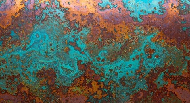 Corroded metal surface with vibrant teal and rusty orange patinas forming abstract patterns and textures