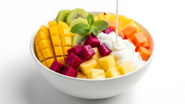 Vibrant bowl of fresh tropical fruit salad with yogurt or cream being poured over colorful mango kiwi pineapple pieces - Powered by Adobe