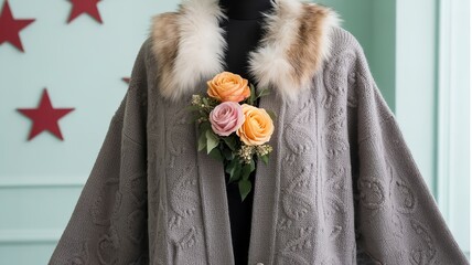 Elegant Grey Embroidered Cape with Faux Fur Collar and Floral Corsage Detail Displayed on Mannequin