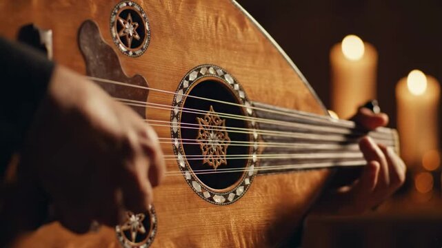 Close up of musician playing traditional oud instrument with warm candlelight background for cultural heritage concept and authentic oriental melody