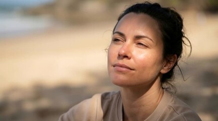 Thoughtful woman looking upward in warm sunlight for wellness mindfulness emotional reflection and outdoor lifestyle advertising