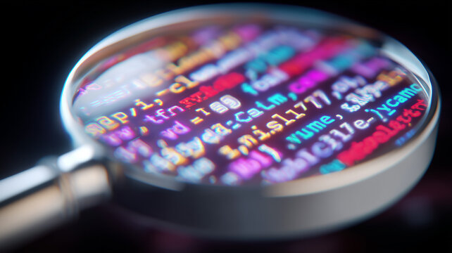 A magnifying glass examining digital code to represent detailed analysis and investigative technological processes.
 - Powered by Adobe