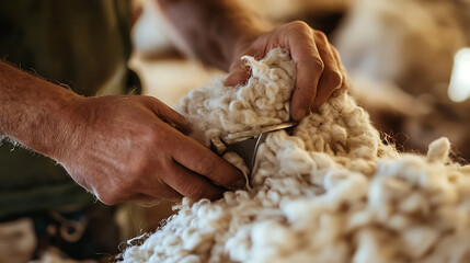 A craftsman's hands expertly shear fleece, revealing the raw beauty and texture of the fiber. Precision meets nature in this timeless art, capturing the essence of a raw process.