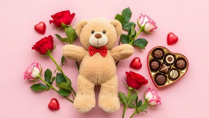 Cuddly Teddy Bear with Roses and Chocolates on Pink Background