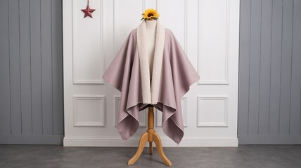 Elegant Mauve and Cream Two-Tone Oversized Wool Cape Displayed on Mannequin Against White and Grey Paneled Wall
