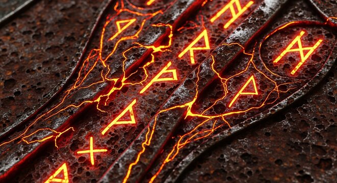 Glowing orange runes and fiery cracks illuminate a dark heavily textured corroded metal or stone surface