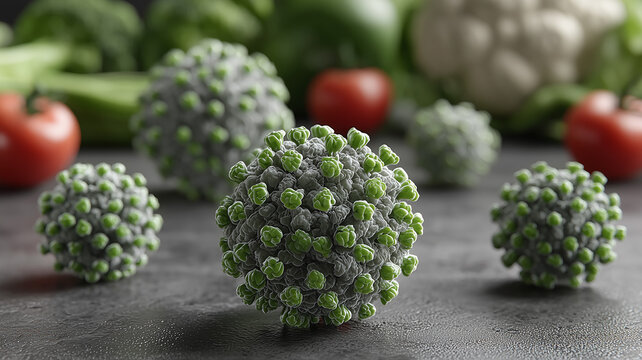 A virus model presented in a food context to represent contamination risks and safety concerns in nutritional environments.
