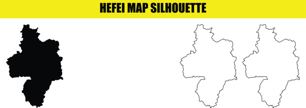 Hefei map silhouette illustration black white and outline on transparent background