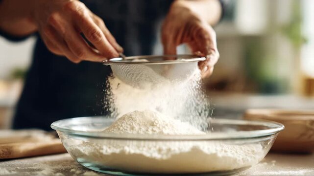 Hands of a baker skillfully sifting flour into a glass bowl, showcasing the delicate process of baking, with a gradual zoom in on the action and texture of the ingredients