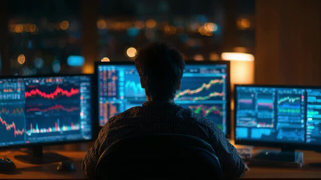 Financial trader analyzing stock market charts on multiple monitors at night