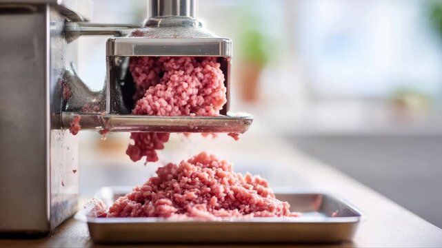 Meat grinder processes raw meat into finely minced texture, showcasing the grinding action, with a gradual zoom in on the output tray capturing the scene's progression
