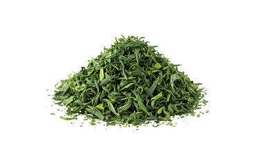 Green tea leaves set against a white background

