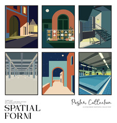 Modern Architectural Space Illustration Set With Arches and Poolside Views