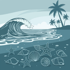 Coastal Waves and Shells Illustration .
