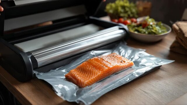 Salmon fillet being vacuum sealed in a food preservation machine, showcasing the process with close-up details and vibrant colors, camera zooms in for emphasis