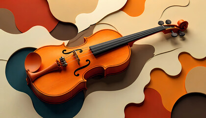 Classic wooden violin on colorful abstract paper cut background