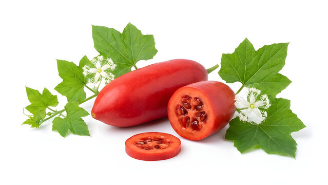 Vibrant red ivy gourd fruit, whole and sliced, with green leaves and delicate white flowers