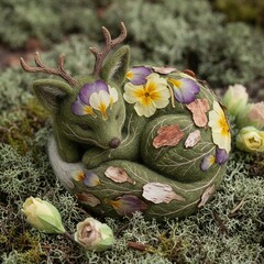 Needle-felted Woodland Deer Adorned with Pressed Flowers and Bark