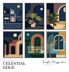 Moody Night Architecture Illustration Set With Warm Lights and Tropical Plants