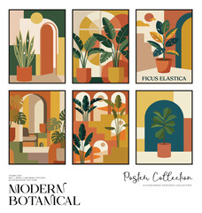 Modern Botanical Interior Illustration Collection With Potted Plants and Arched Windows